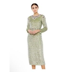 MAC DUGGAL Sage Green Sequin Purple Floral Bead Dress 93568 Midi Tea Length Sz16
